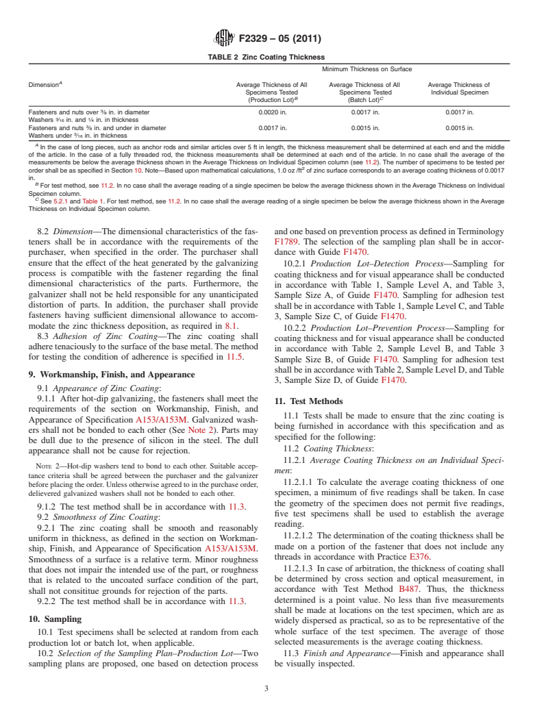 ASTM F2329-05(2011) - Standard Specification for Zinc Coating, Hot-Dip, Requirements for Application to Carbon and Alloy Steel Bolts, Screws, Washers, Nuts, and Special Threaded Fasteners