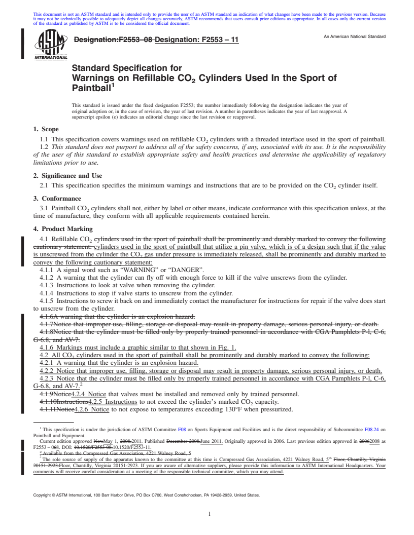 REDLINE ASTM F2553-11 - Standard Specification for Warnings on Refillable CO<sub>2</sub> Cylinders Used In the Sport of Paintball