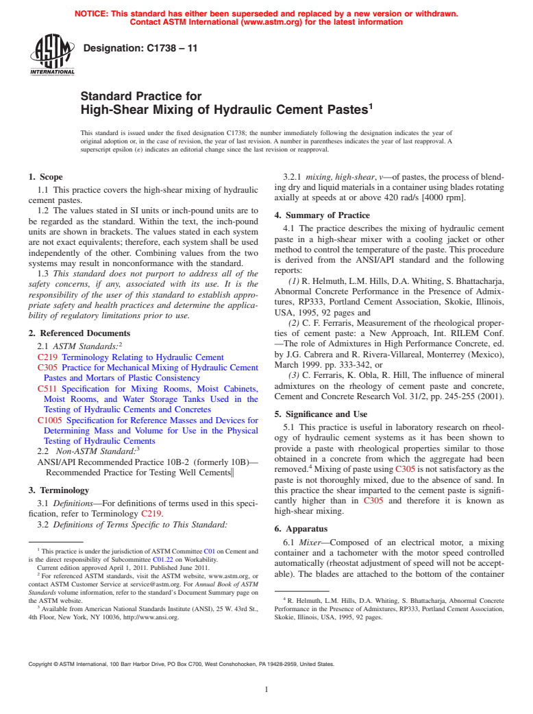 ASTM C1738-11 - Standard Practice for High-Shear Mixing of Hydraulic Cement Pastes