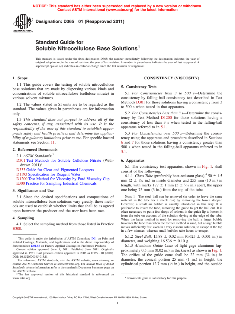 ASTM D365-01(2011) - Standard Guide for Soluble Nitrocellulose Base Solutions