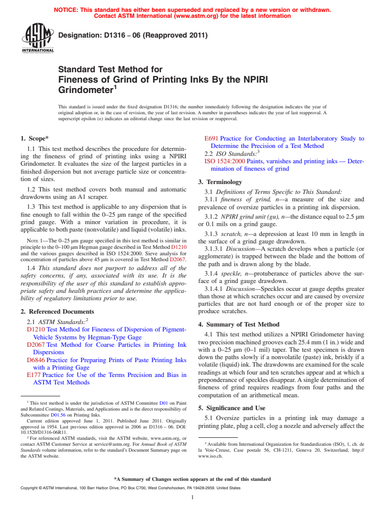 ASTM D1316-06(2011) - Standard Test Method for Fineness of Grind of Printing Inks By the NPIRI Grindometer (Withdrawn 2020)
