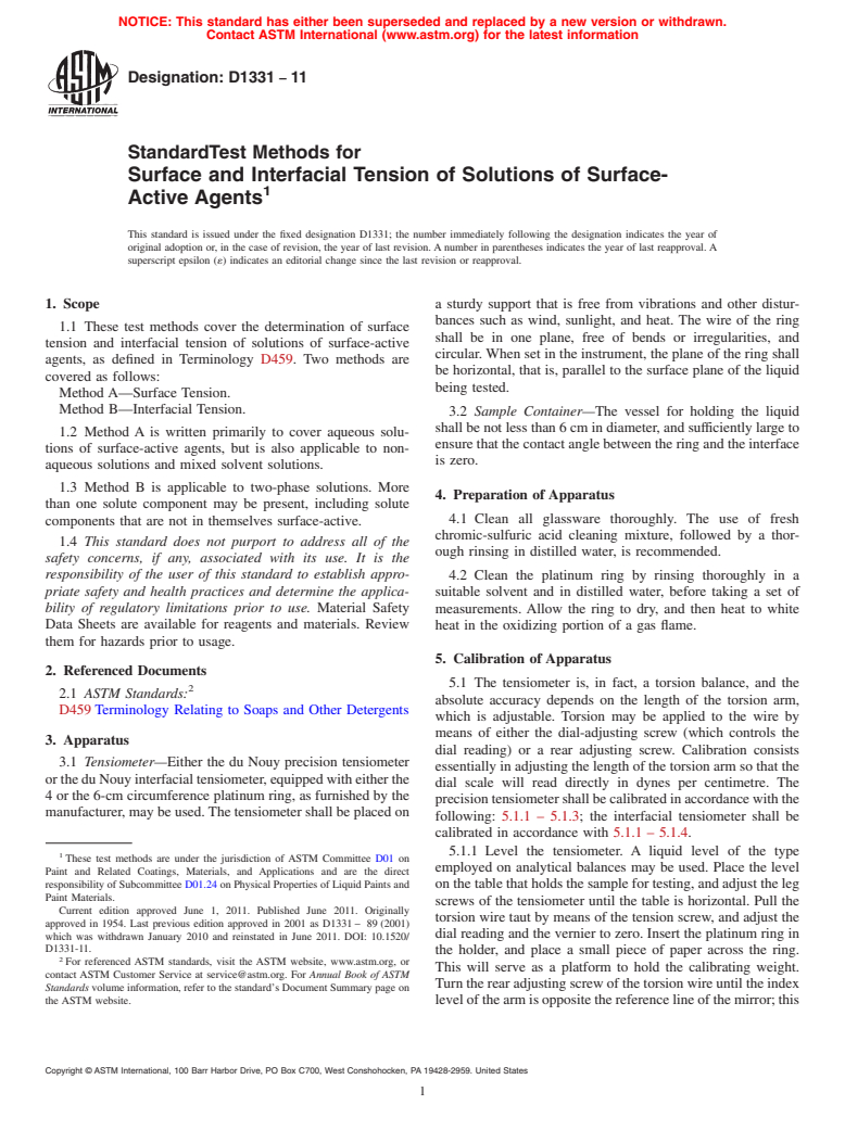 ASTM D1331-11 - Standard Test Methods for Surface and Interfacial Tension of Solutions of Surface-Active Agents