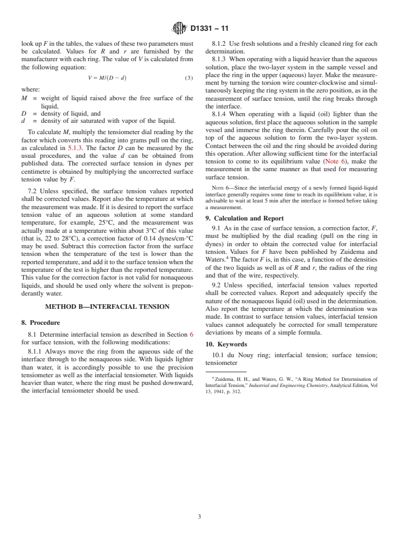 ASTM D1331-11 - Standard Test Methods for Surface and Interfacial Tension of Solutions of Surface-Active Agents