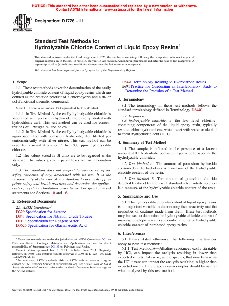 ASTM D1726-11 - Standard Test Methods for Hydrolyzable Chloride Content of Liquid Epoxy Resins