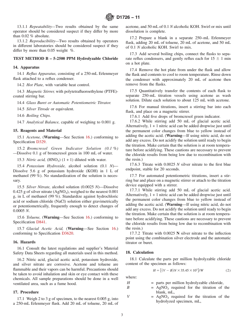 ASTM D1726-11 - Standard Test Methods for Hydrolyzable Chloride Content of Liquid Epoxy Resins