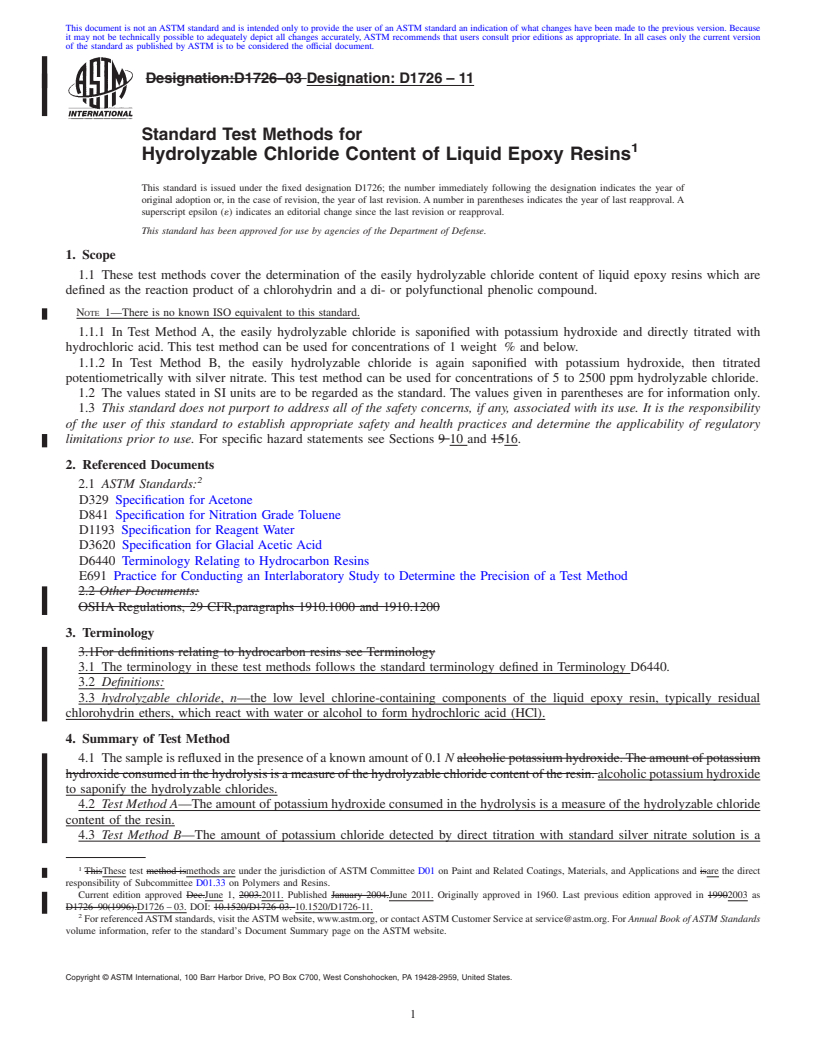 REDLINE ASTM D1726-11 - Standard Test Methods for Hydrolyzable Chloride Content of Liquid Epoxy Resins