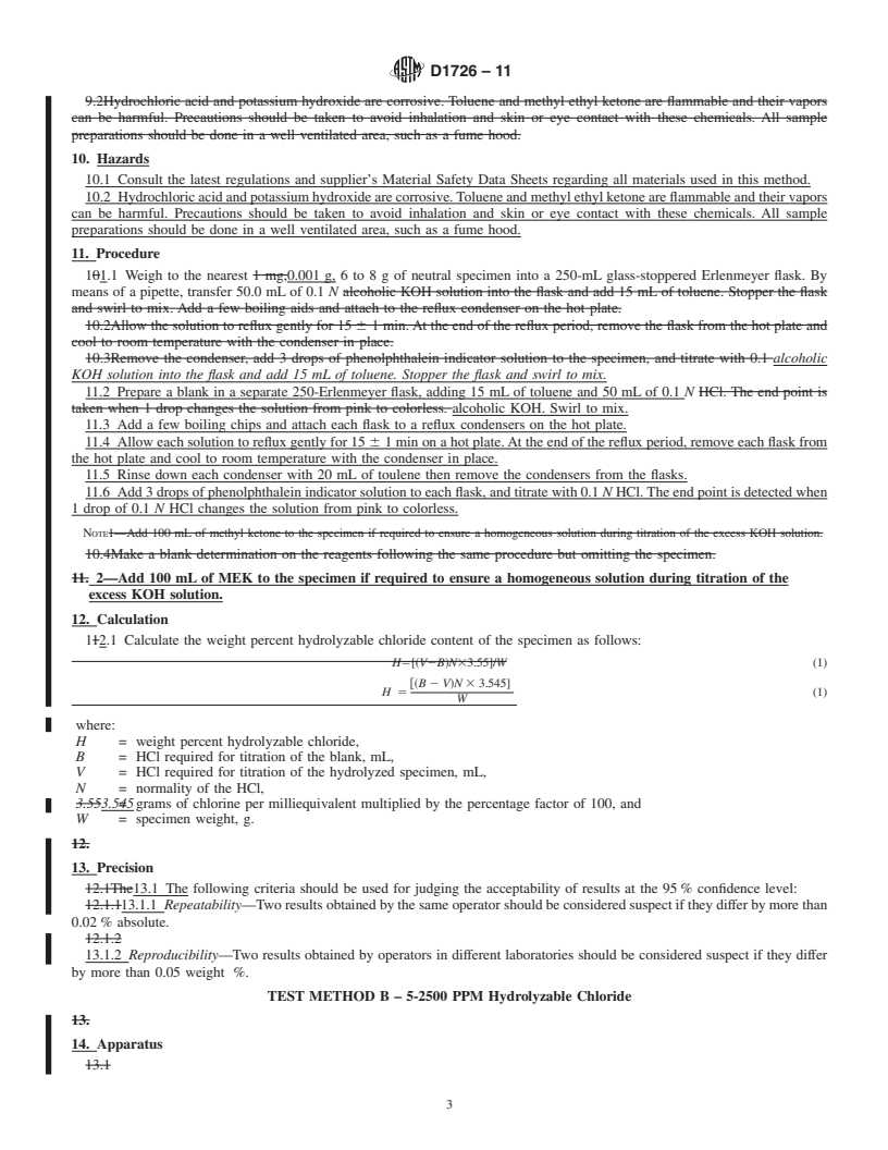 REDLINE ASTM D1726-11 - Standard Test Methods for Hydrolyzable Chloride Content of Liquid Epoxy Resins