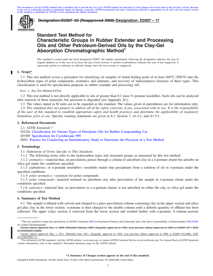 REDLINE ASTM D2007-11 - Standard Test Method for Characteristic Groups in Rubber Extender and Processing Oils and Other Petroleum-Derived Oils by the Clay-Gel Absorption Chromatographic Method