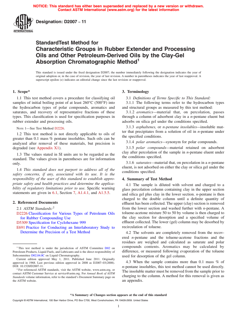 ASTM D2007-11 - Standard Test Method for Characteristic Groups in Rubber Extender and Processing Oils and Other Petroleum-Derived Oils by the Clay-Gel Absorption Chromatographic Method