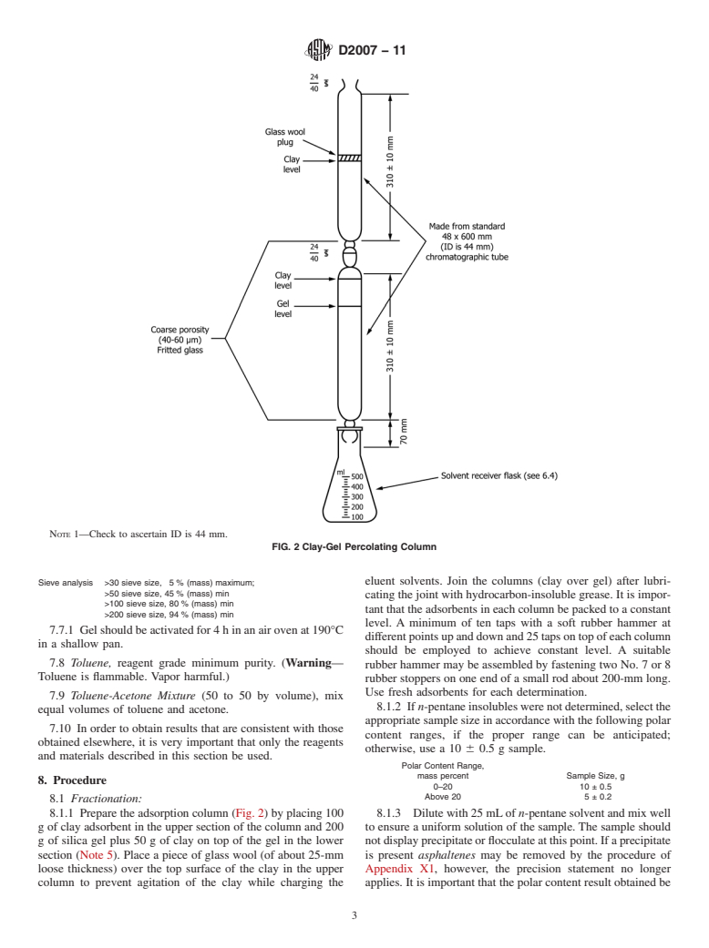 ASTM D2007-11 - Standard Test Method for Characteristic Groups in Rubber Extender and Processing Oils and Other Petroleum-Derived Oils by the Clay-Gel Absorption Chromatographic Method