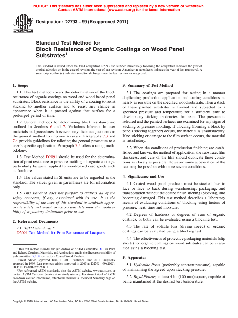 ASTM D2793-99(2011) - Standard Test Method for Block Resistance of Organic Coatings on Wood Panel Substrates