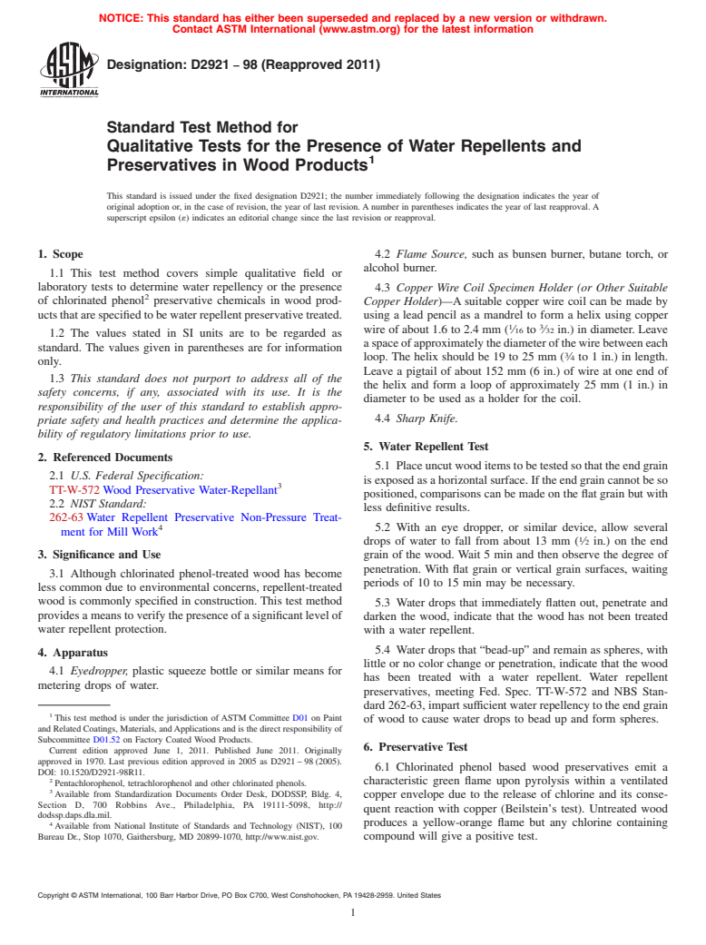 ASTM D2921-98(2011) - Standard Test Method for Qualitative Tests for the Presence of Water Repellents and Preservatives in Wood Products