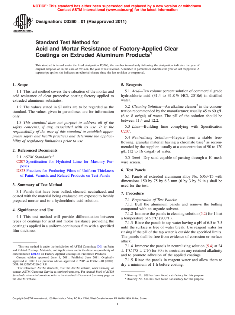 ASTM D3260-01(2011) - Standard Test Method for Acid and Mortar Resistance of Factory-Applied Clear Coatings on Extruded Aluminum Products