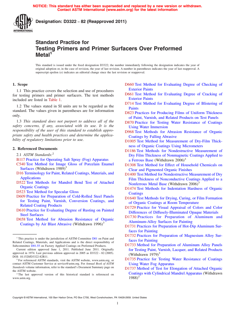 ASTM D3322-82(2011) - Standard Practice for Testing Primers and Primer Surfacers Over Preformed Metal