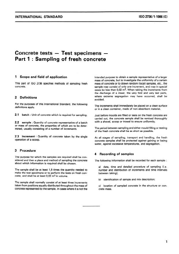 ISO 2736-1:1986 - Concrete tests -- Test specimens