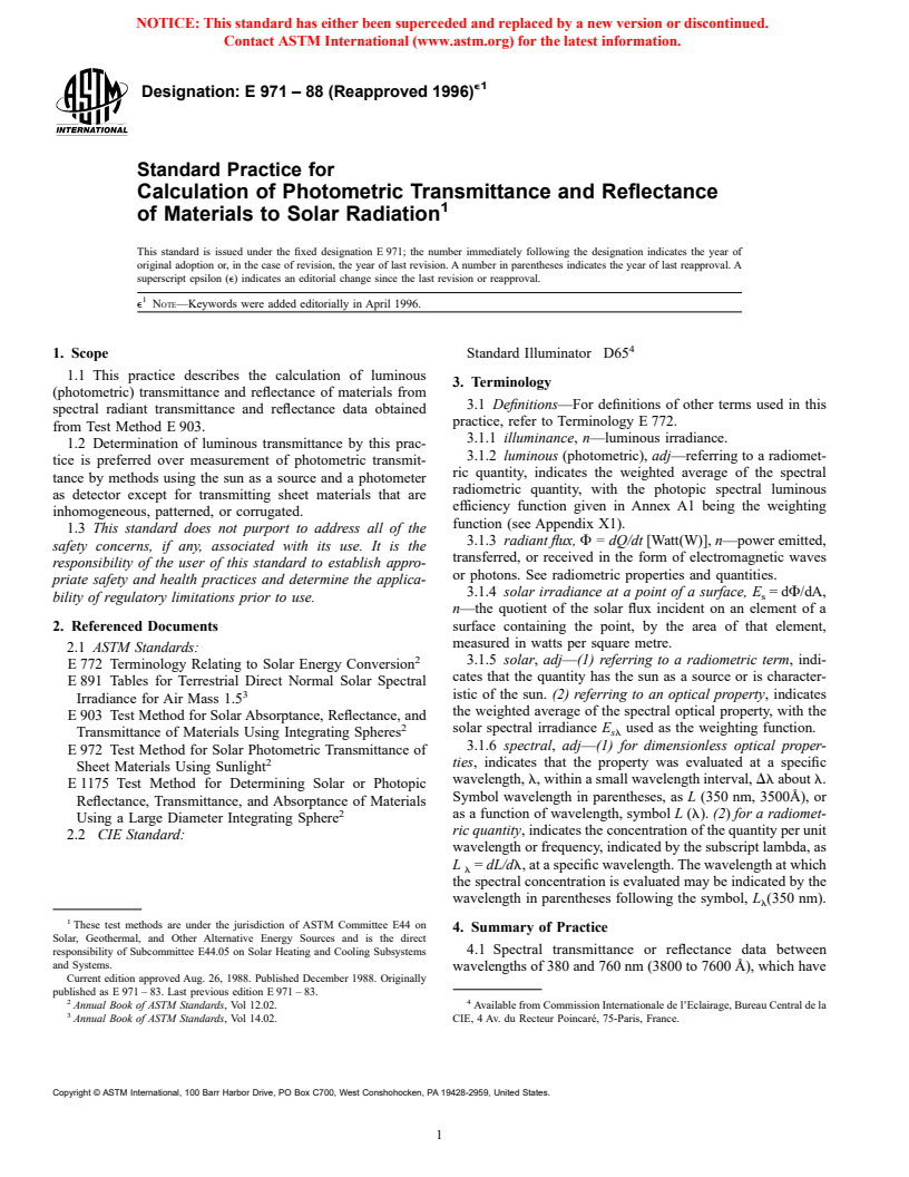 ASTM E971-88(1996)e1 - Standard Practice for Calculation of Photometric Transmittance and Reflectance of Materials to Solar Radiation