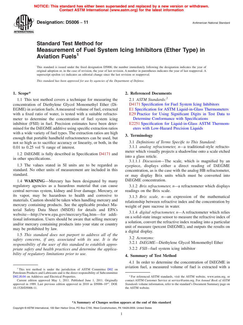 ASTM D5006-11 - Standard Test Method for Measurement of Fuel System Icing Inhibitors (Ether Type) in Aviation Fuels