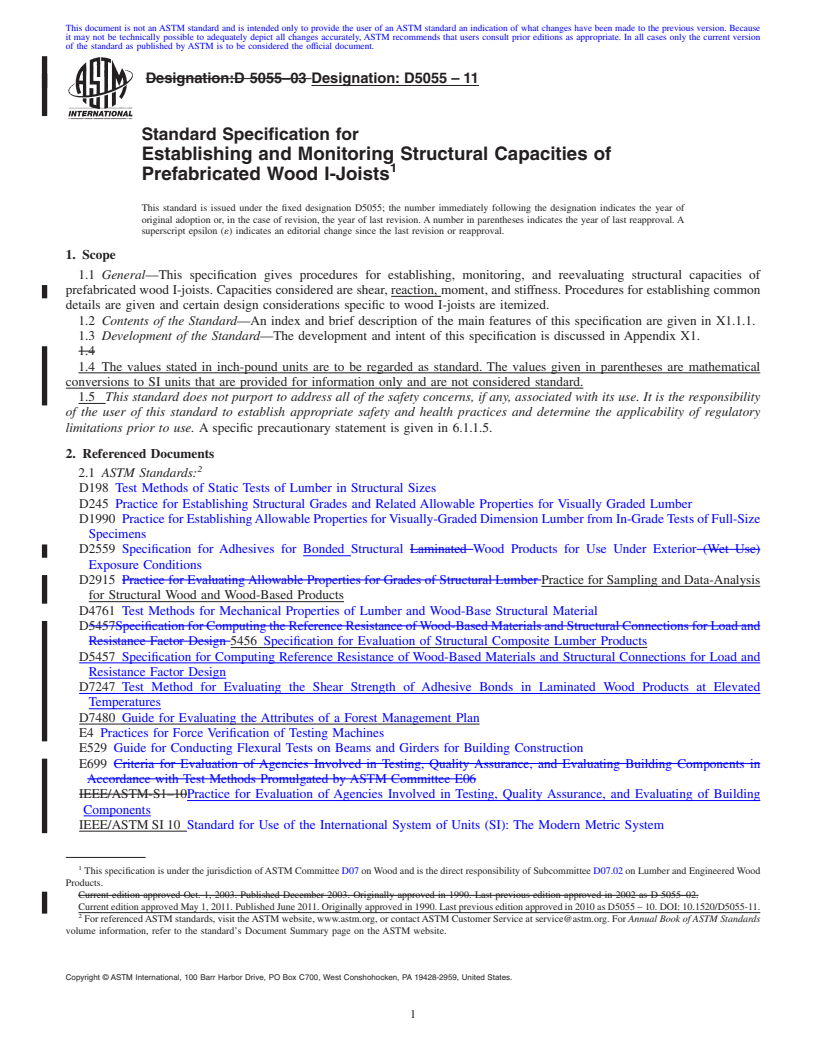 REDLINE ASTM D5055-11 - Standard Specification for Establishing and Monitoring Structural Capacities of Prefabricated Wood I-Joists