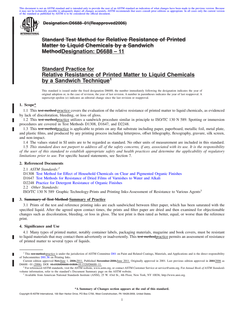 REDLINE ASTM D6688-11 - Standard Practice for Relative Resistance of Printed Matter to Liquid Chemicals by a Sandwich   Technique (Withdrawn 2020)