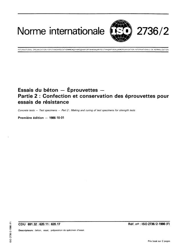 ISO 2736-2:1986 - Essais du béton -- Éprouvettes