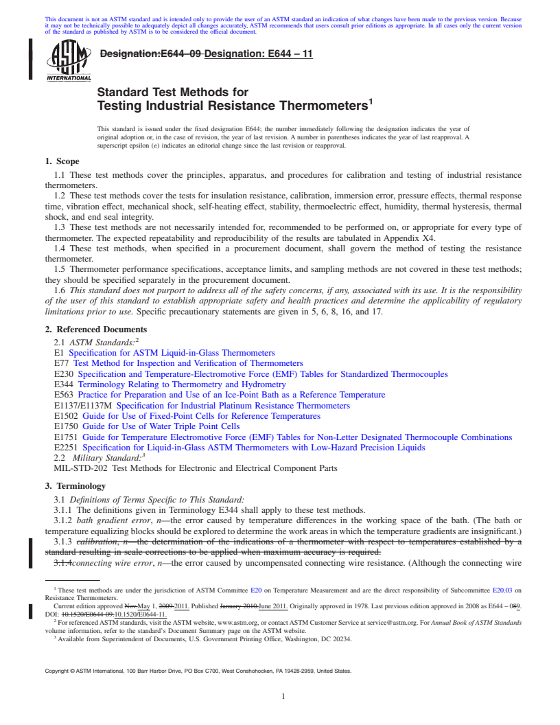 REDLINE ASTM E644-11 - Standard Test Methods for Testing Industrial Resistance Thermometers