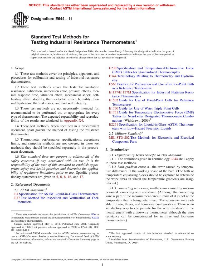 ASTM E644-11 - Standard Test Methods for Testing Industrial Resistance Thermometers