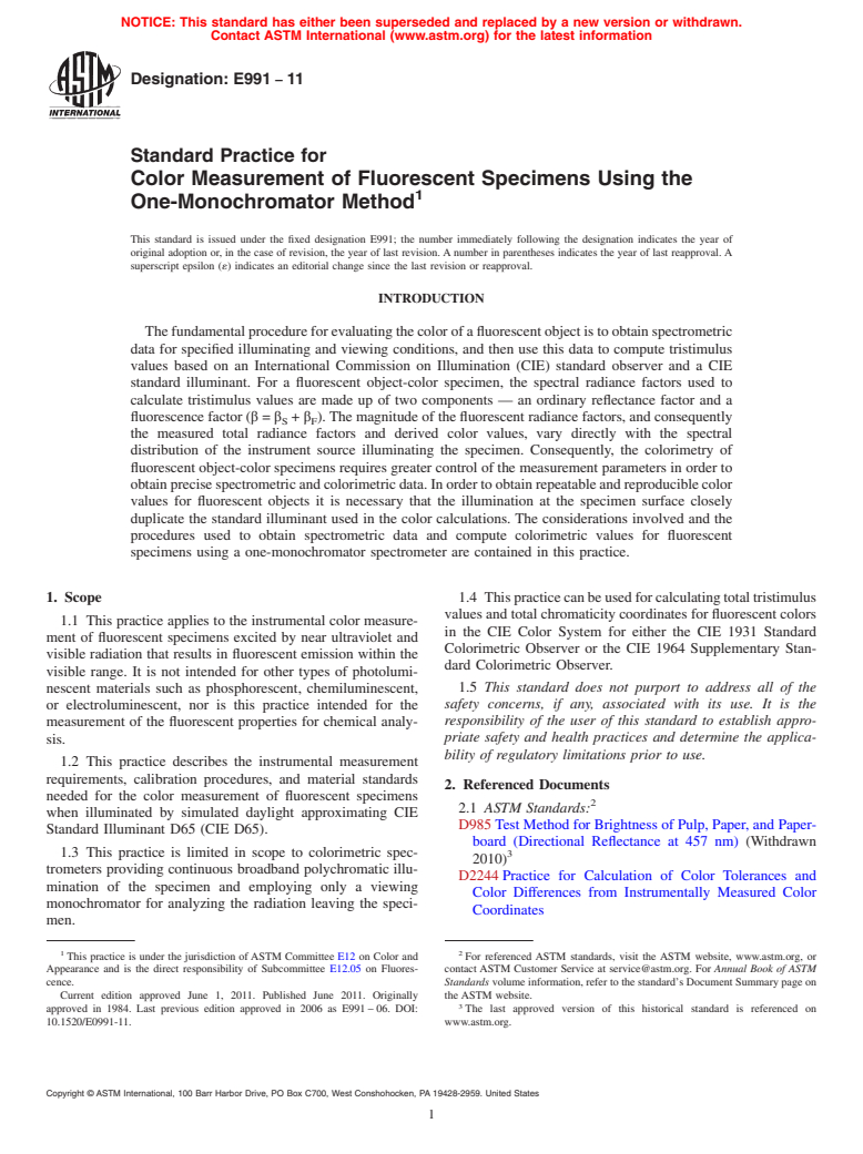 ASTM E991-11 - Standard Practice for Color Measurement of Fluorescent Specimens Using the One-Monochromator Method