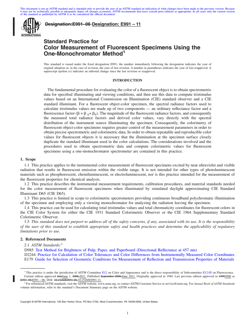 REDLINE ASTM E991-11 - Standard Practice for Color Measurement of Fluorescent Specimens Using the One-Monochromator Method