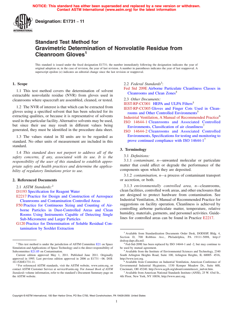 ASTM E1731-11 - Standard Test Method for Gravimetric Determination of Nonvolatile Residue from Cleanroom Gloves