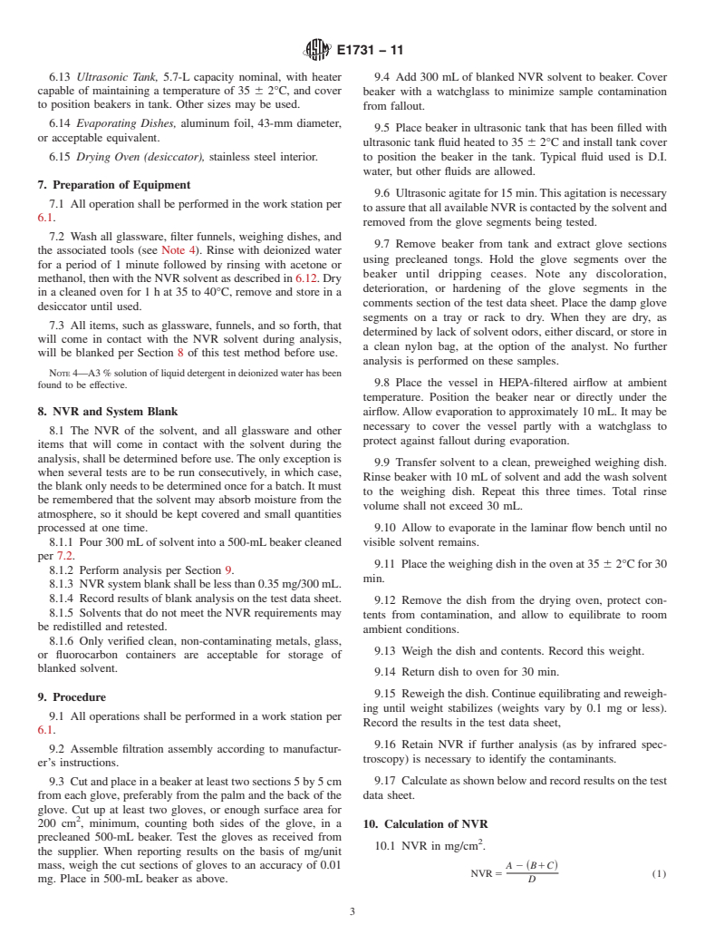 ASTM E1731-11 - Standard Test Method for Gravimetric Determination of Nonvolatile Residue from Cleanroom Gloves