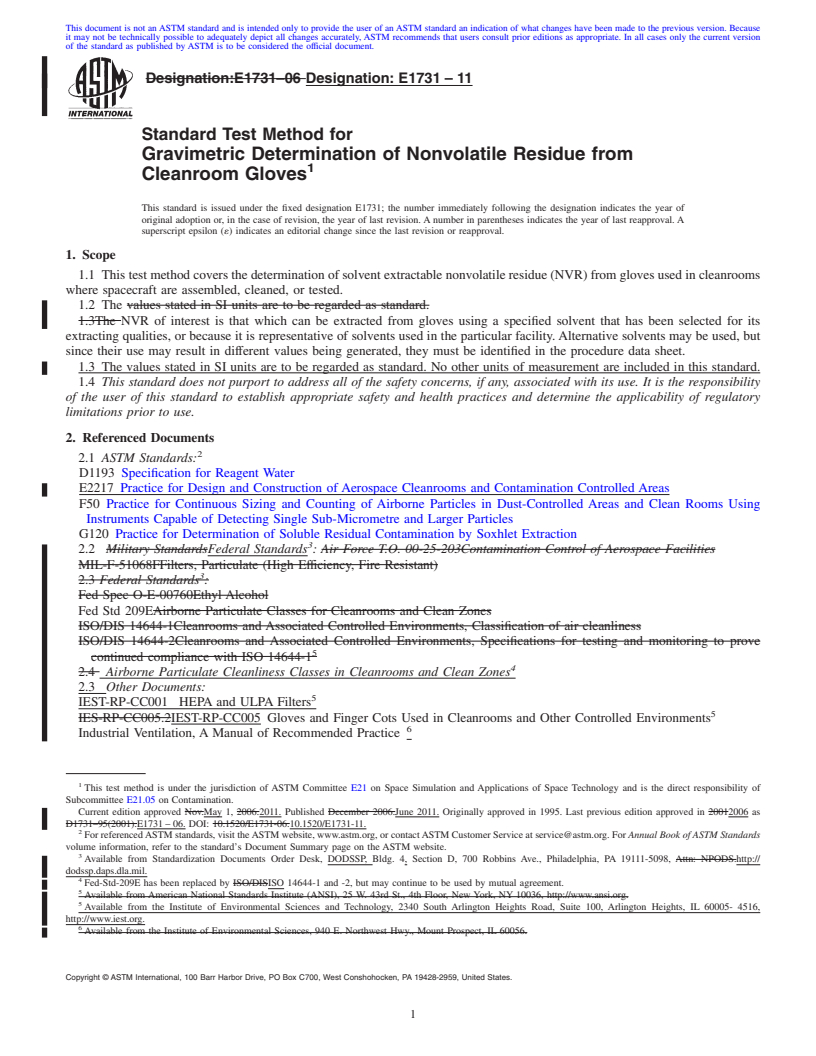 REDLINE ASTM E1731-11 - Standard Test Method for Gravimetric Determination of Nonvolatile Residue from Cleanroom Gloves