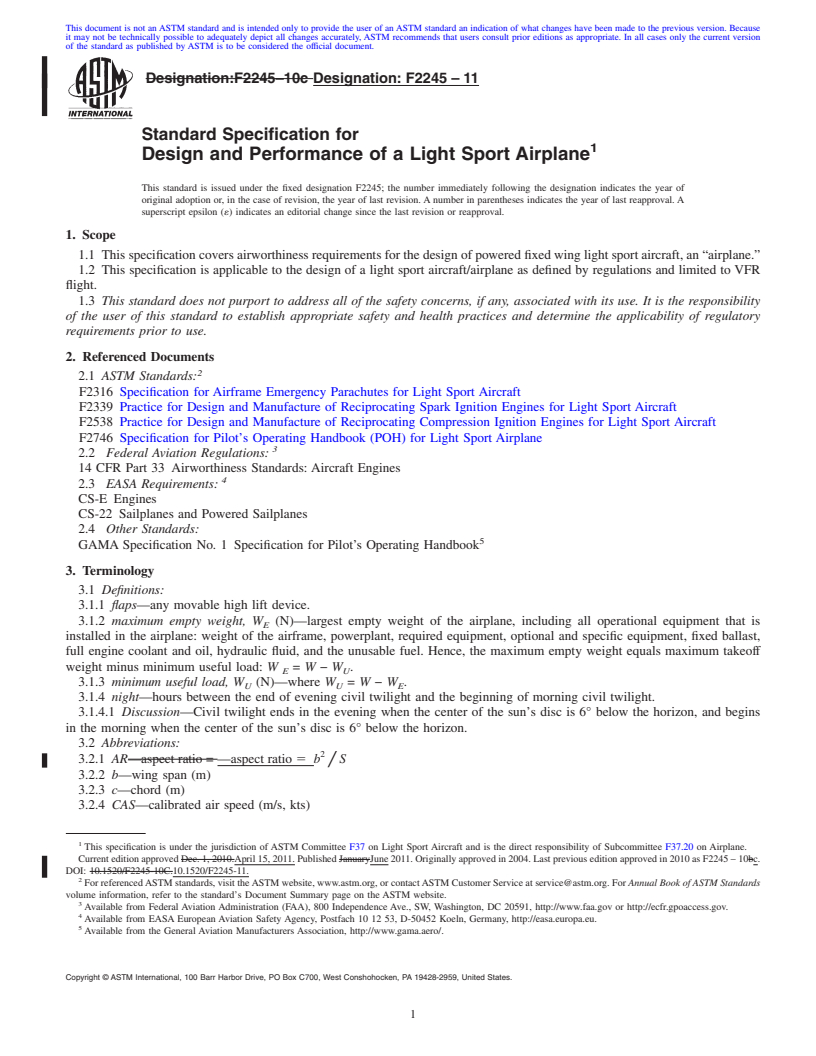 REDLINE ASTM F2245-11 - Standard Specification for Design and Performance of a Light Sport Airplane
