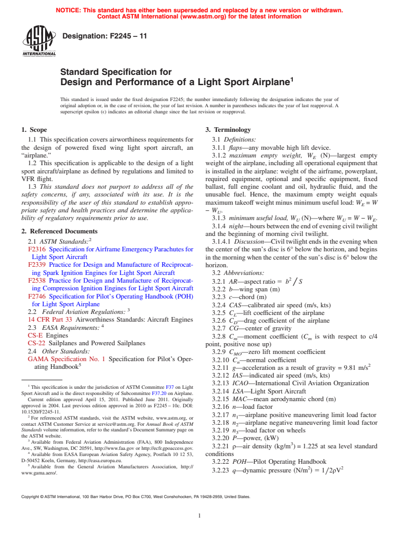 ASTM F2245-11 - Standard Specification for Design and Performance of a Light Sport Airplane