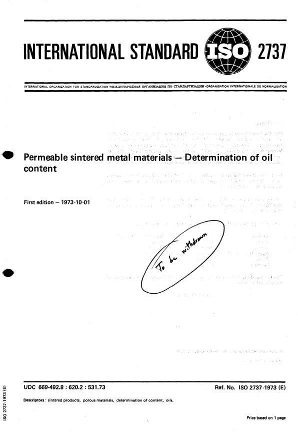 ISO 2737:1973 - Permeable sintered metal materials -- Determination of oil content