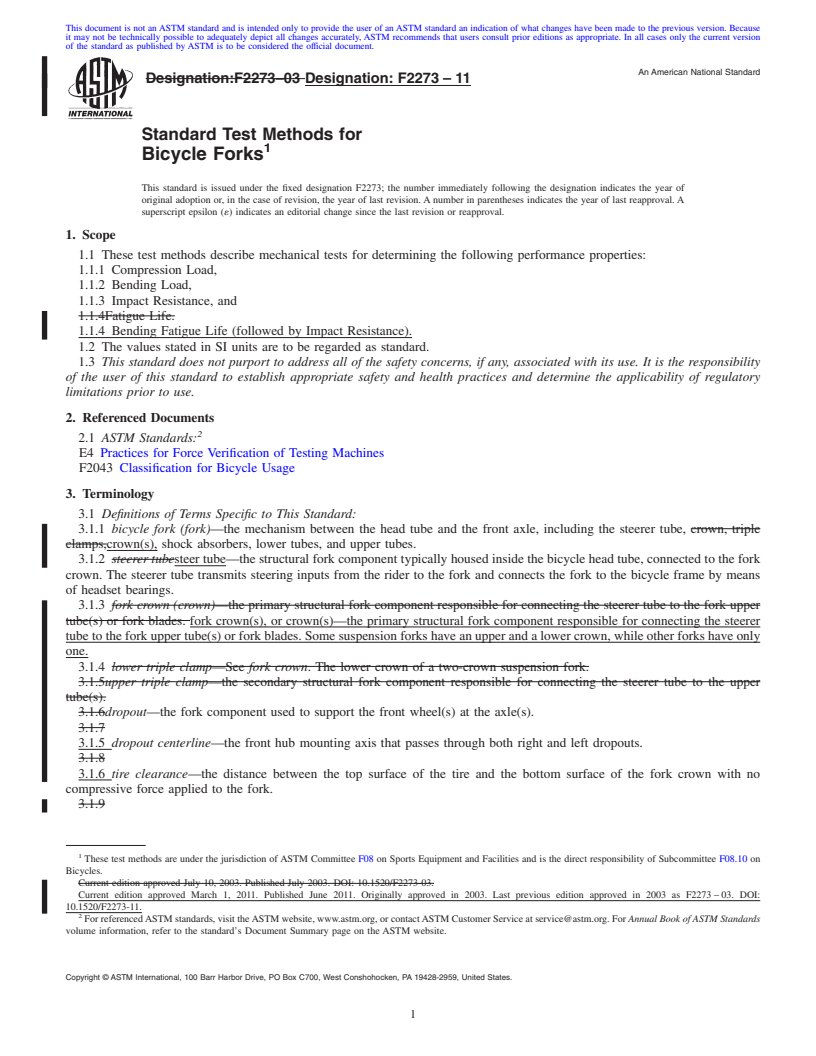 REDLINE ASTM F2273-11 - Standard Test Methods for Bicycle Forks