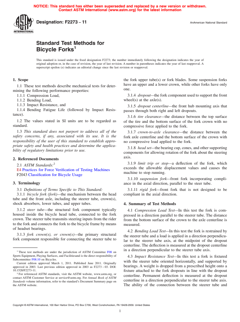 ASTM F2273-11 - Standard Test Methods for Bicycle Forks