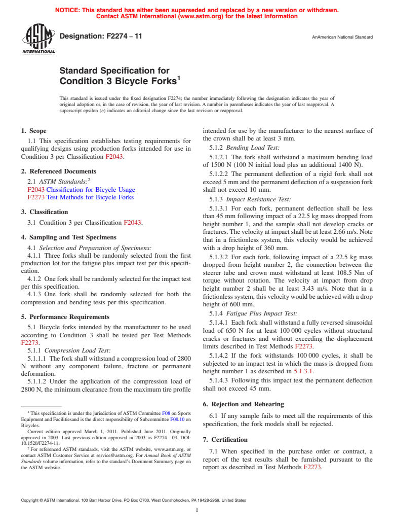 ASTM F2274-11 - Standard Specification for Condition 3 Bicycle Forks