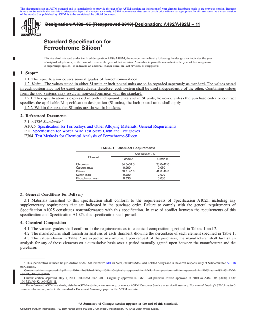 REDLINE ASTM A482/A482M-11 - Standard Specification for Ferrochrome-Silicon