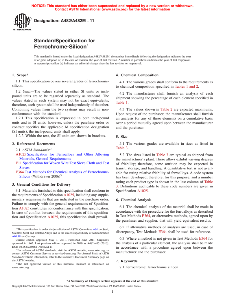 ASTM A482/A482M-11 - Standard Specification for Ferrochrome-Silicon