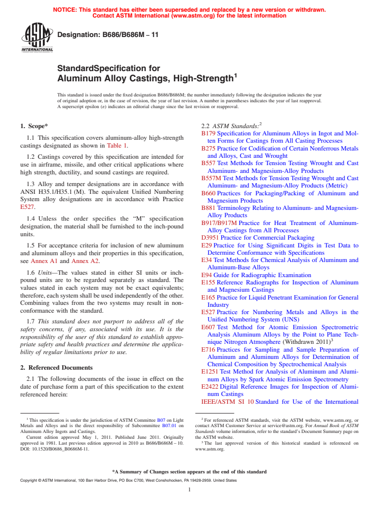 ASTM B686/B686M-11 - Standard Specification for  Aluminum Alloy Castings, High-Strength