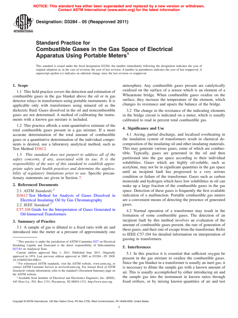 ASTM D3284-05(2011) - Standard Practice for Combustible Gases in the Gas Space of Electrical Apparatus Using Portable Meters