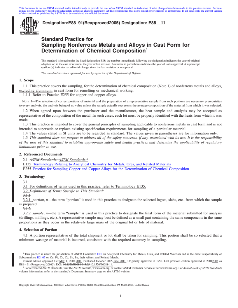 REDLINE ASTM E88-11 - Standard Practice for Sampling Nonferrous Metals and Alloys in Cast Form for Determination of Chemical Composition