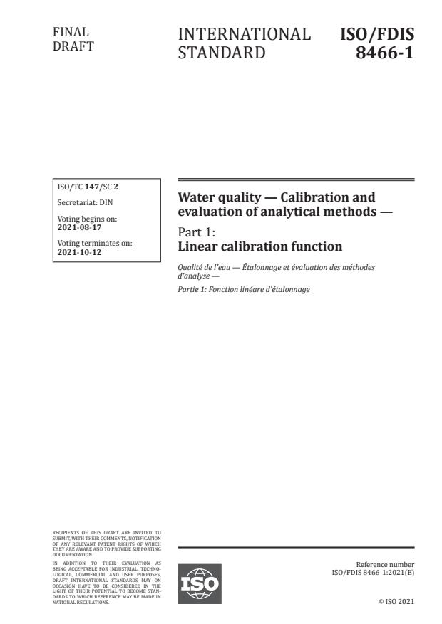 ISO/FDIS 8466-1:Version 14-avg-2021 - Water quality -- Calibration and evaluation of analytical methods