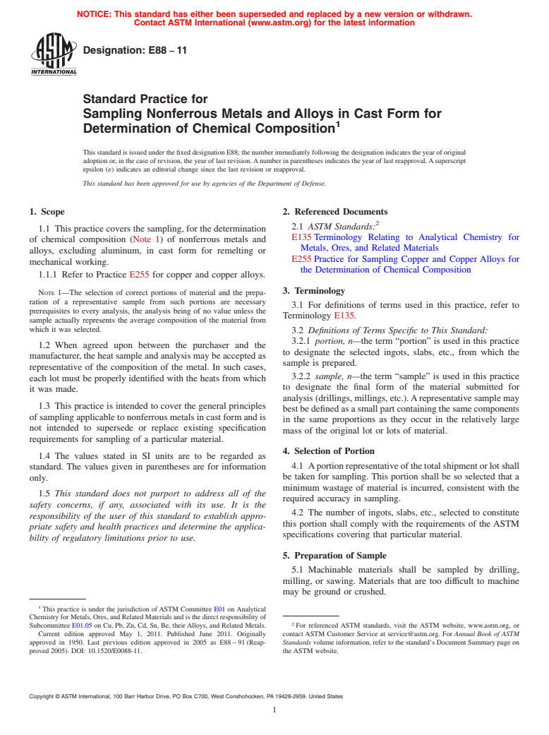 ASTM E88-11 - Standard Practice for Sampling Nonferrous Metals and Alloys in Cast Form for Determination of Chemical Composition