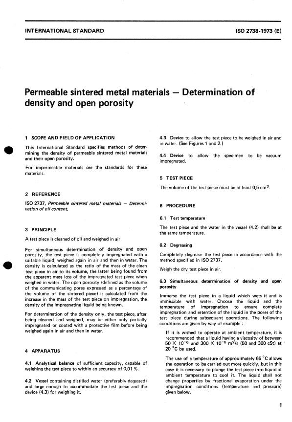 ISO 2738:1973 - Permeable sintered metal materials -- Determination of density and open porosity