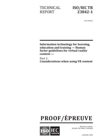ISO/IEC PRF TR 23842-1 - Information technology for learning, education and training -- Human factor guidelines for virtual reality content