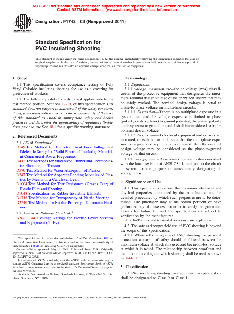 ASTM F1742-03(2011) - Standard Specification for PVC Insulating Sheeting