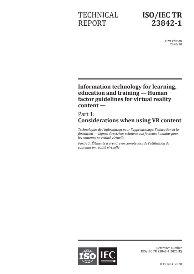 ISO/IEC TR 23842-1:2020 - Information technology for learning, education and training -- Human factor guidelines for virtual reality content
