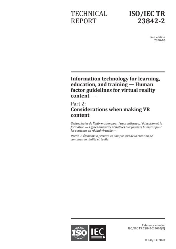 ISO/IEC TR 23842-2:2020 - Information technology for learning, education, and training -- Human factor guidelines for virtual reality content