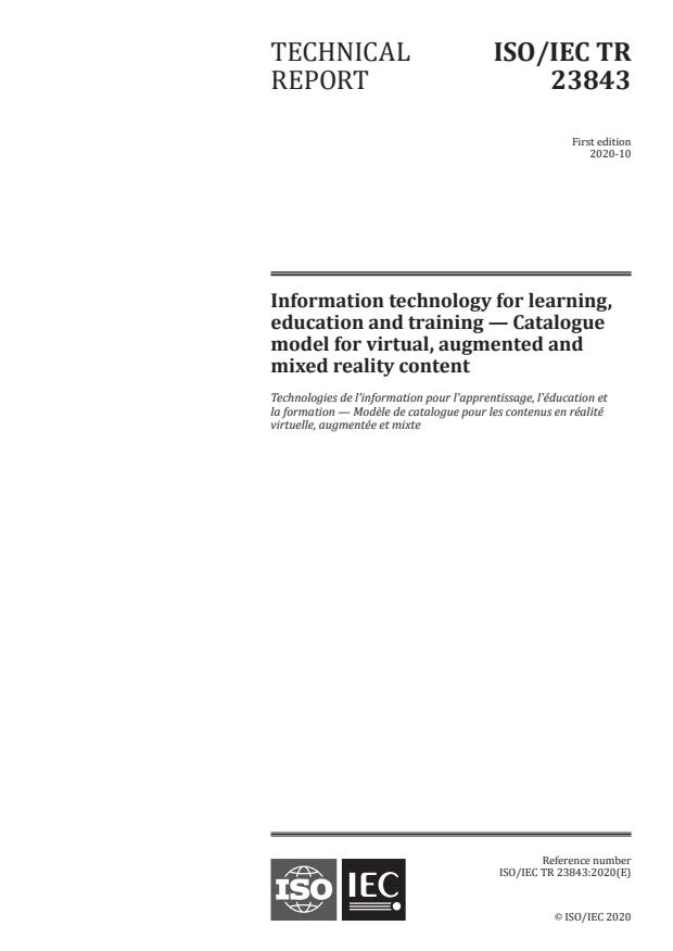 ISO/IEC TR 23843:2020 - Information technology for learning, education and training -- Catalogue model for virtual, augmented and mixed reality content